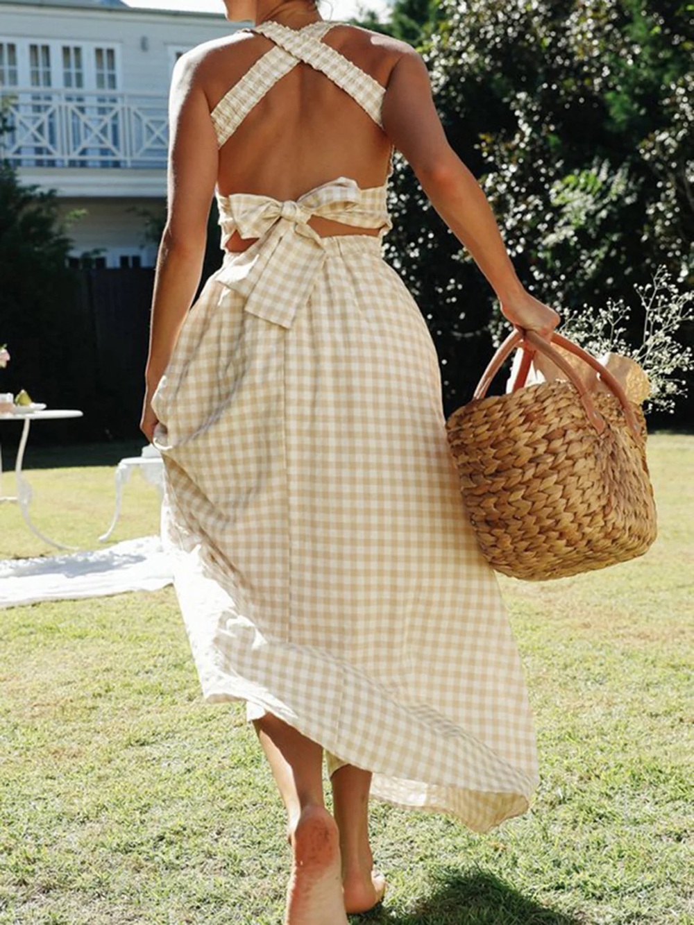 Commense Beige White Gingham Open Back Maxi Dress XL NWT Cotton Blend - Picture 2 of 11